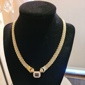Vintage Amethyst and Diamonds Woven 14kt Yellow Gold Chain Necklace. 16 Inches